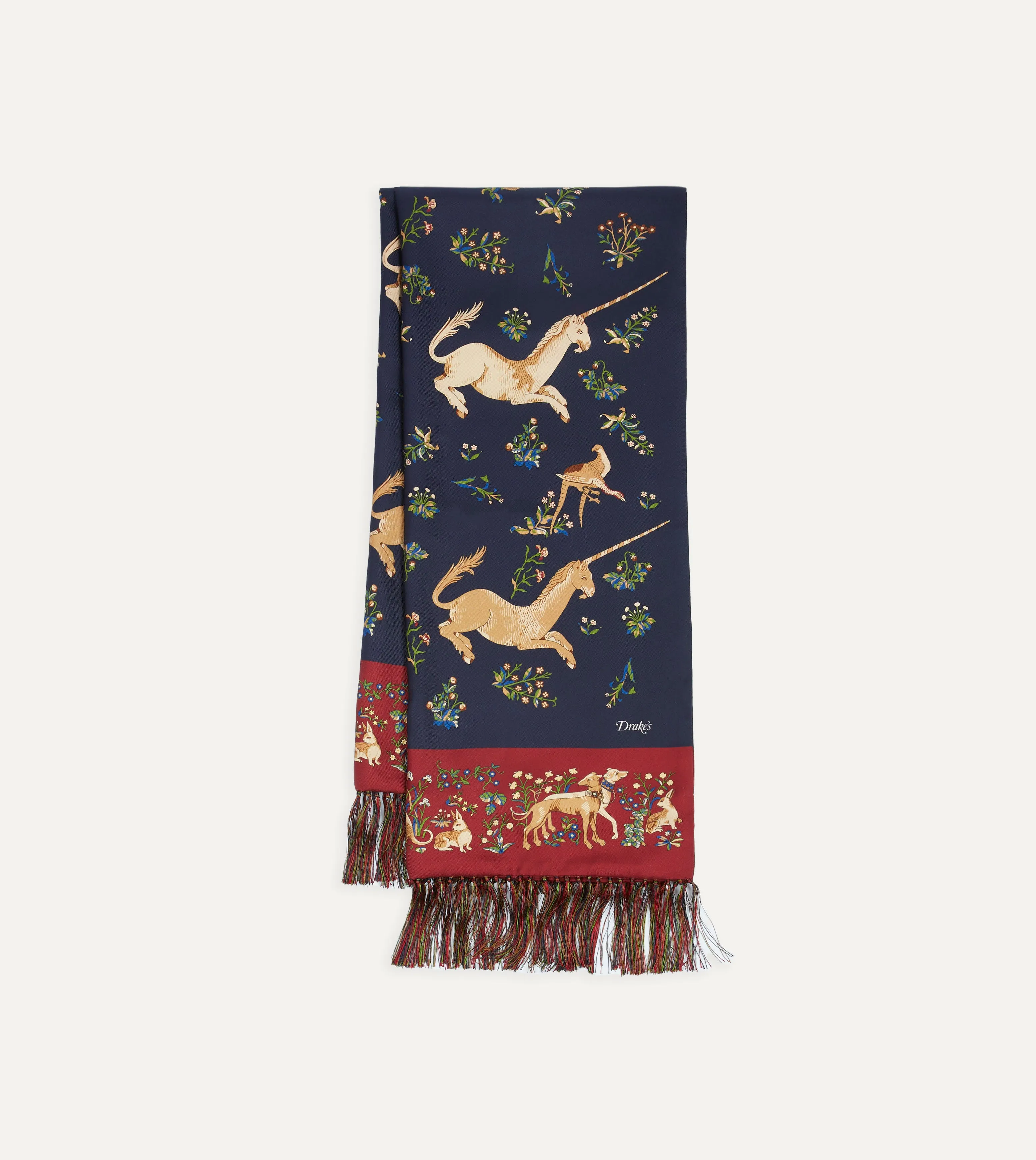 Navy Unicorn Print Tubular Silk Tasselled Scarf