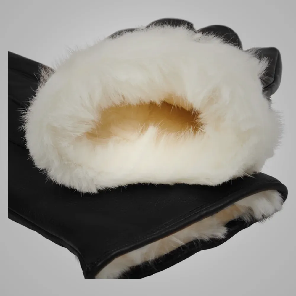 New Men Black Lambskin Leather Gloves with White Fur Lining