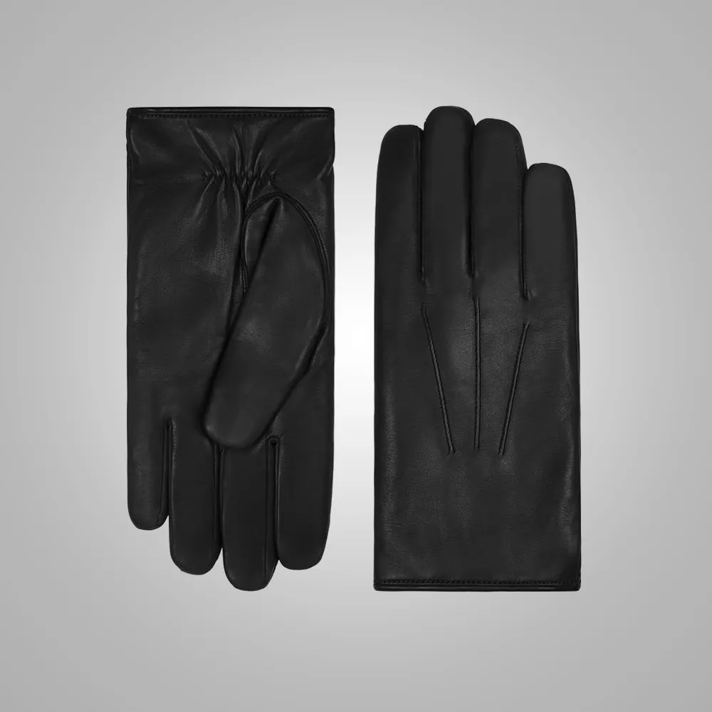 New Men Black Lambskin Leather Gloves with White Fur Lining