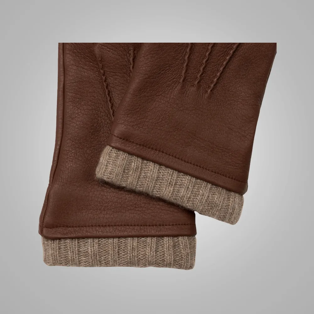 New Men Brown American Deerskin Leather Gloves with Cashmere Lining