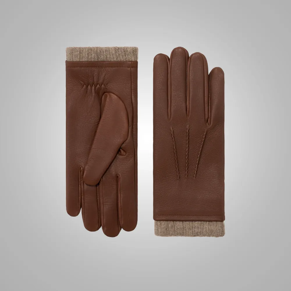 New Men Brown American Deerskin Leather Gloves with Cashmere Lining