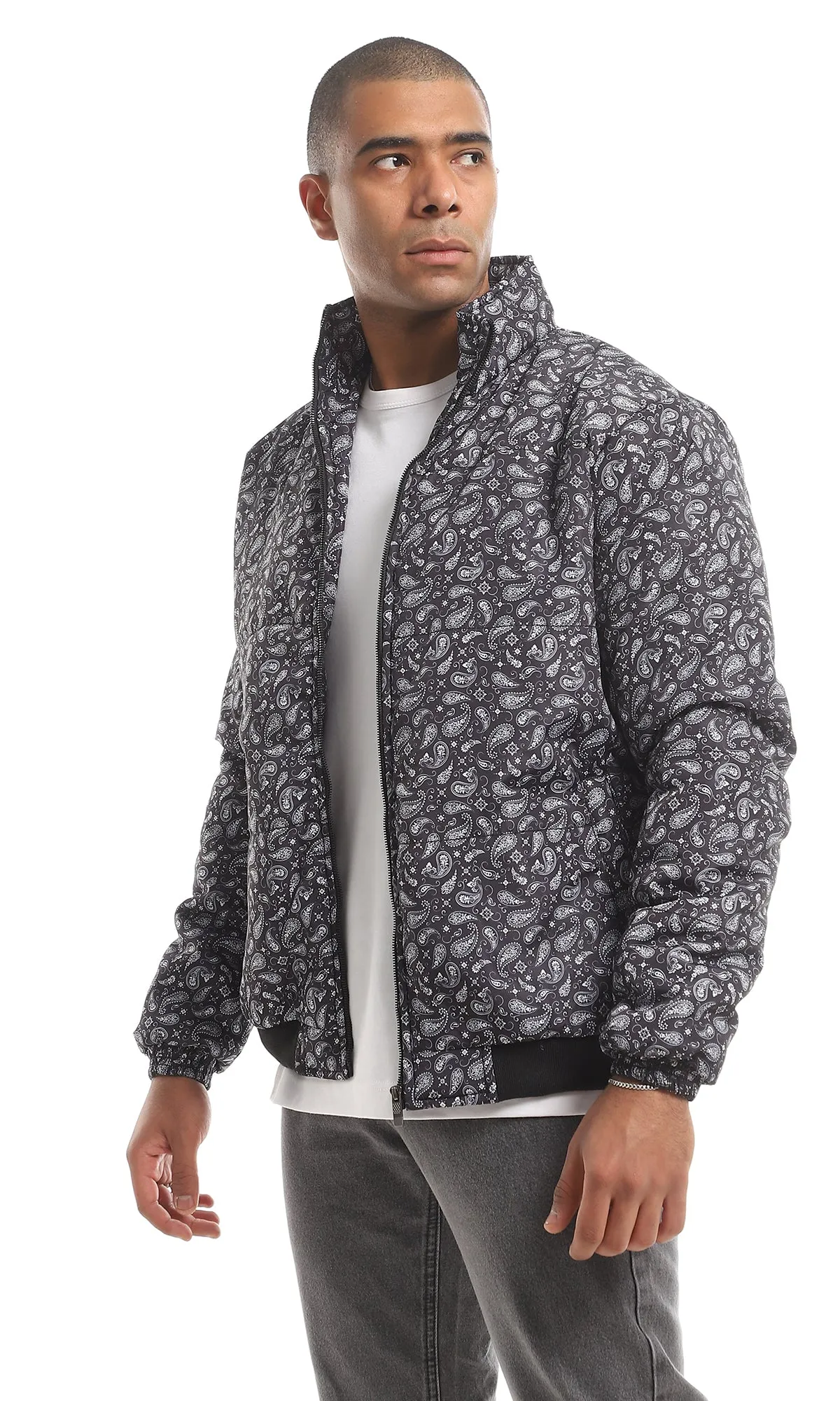 O156175 Navy Blue & White Paisley Pattern Allover Bomber Jacket