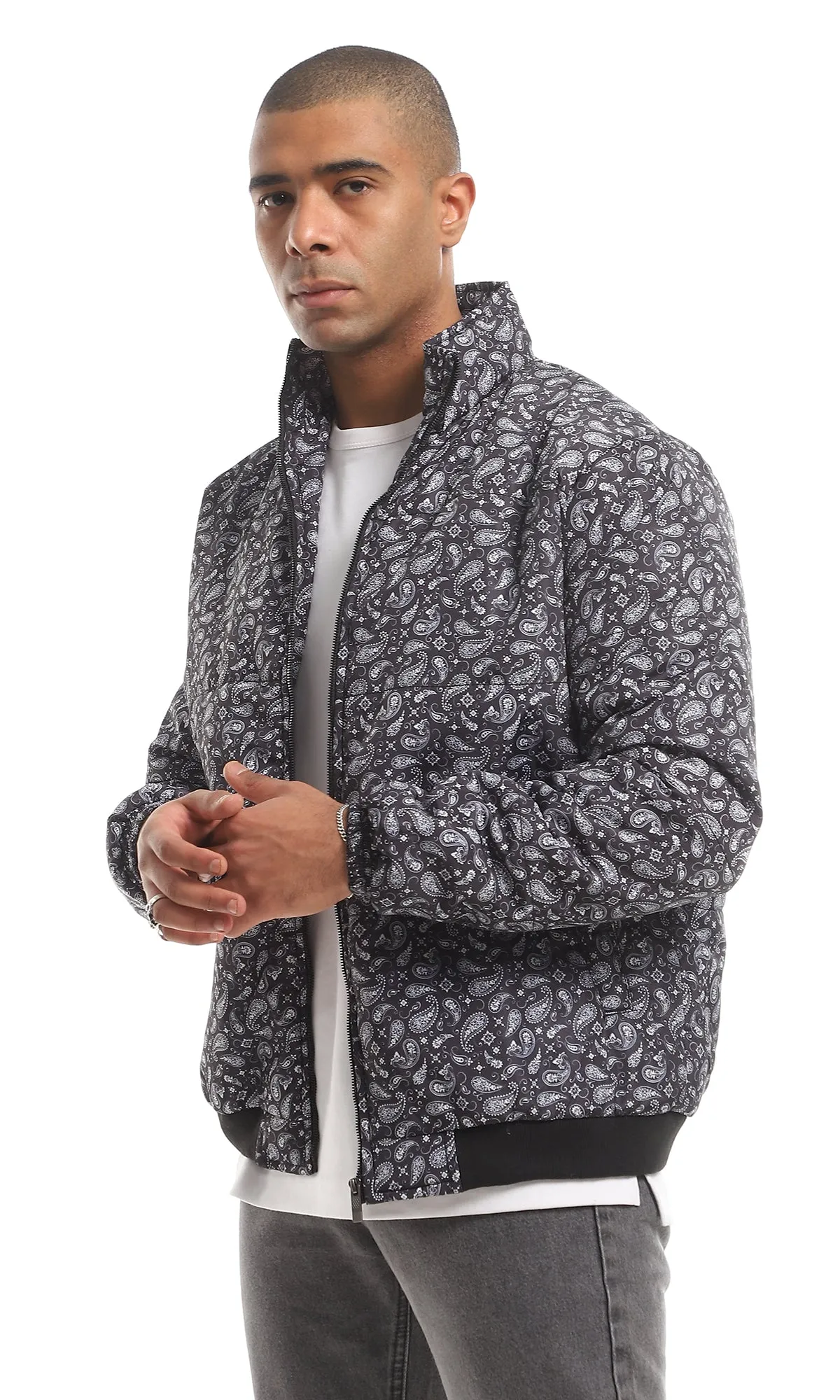 O156175 Navy Blue & White Paisley Pattern Allover Bomber Jacket