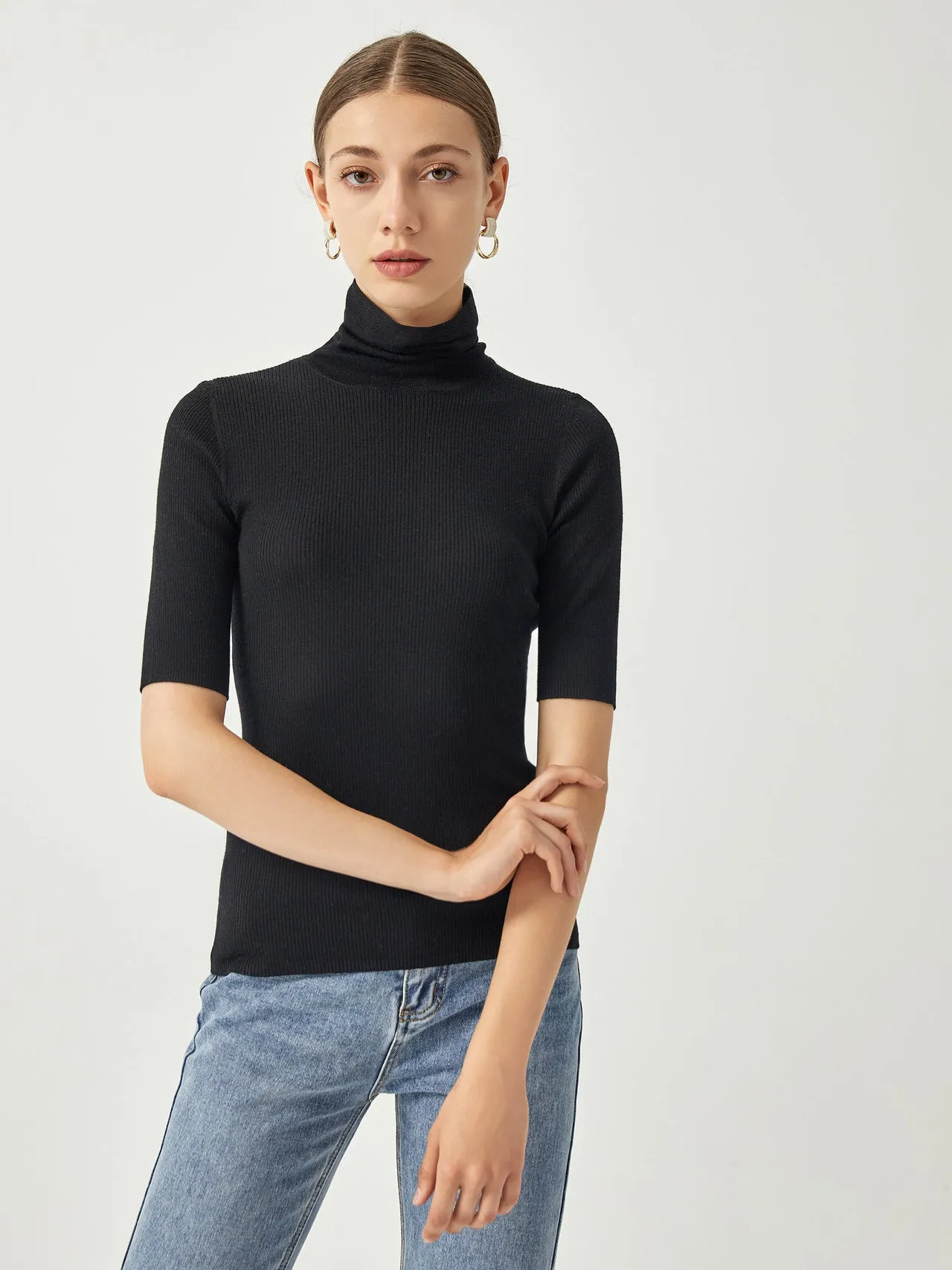 Stay Layered Ribbed Mock Neck Long Sleeve Wool Sweaters