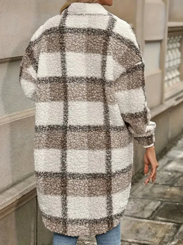 Trendy Bold Checkered Plush Longline Jacket for Women