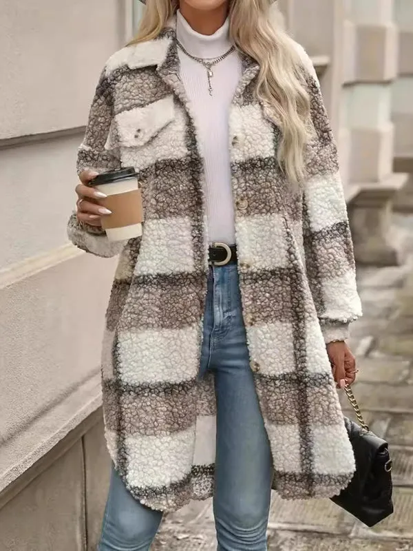 Trendy Bold Checkered Plush Longline Jacket for Women