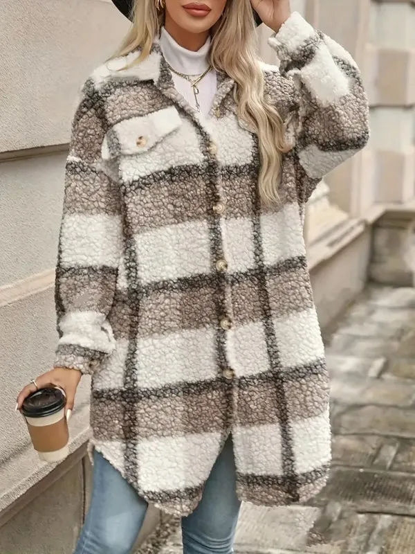 Trendy Bold Checkered Plush Longline Jacket for Women