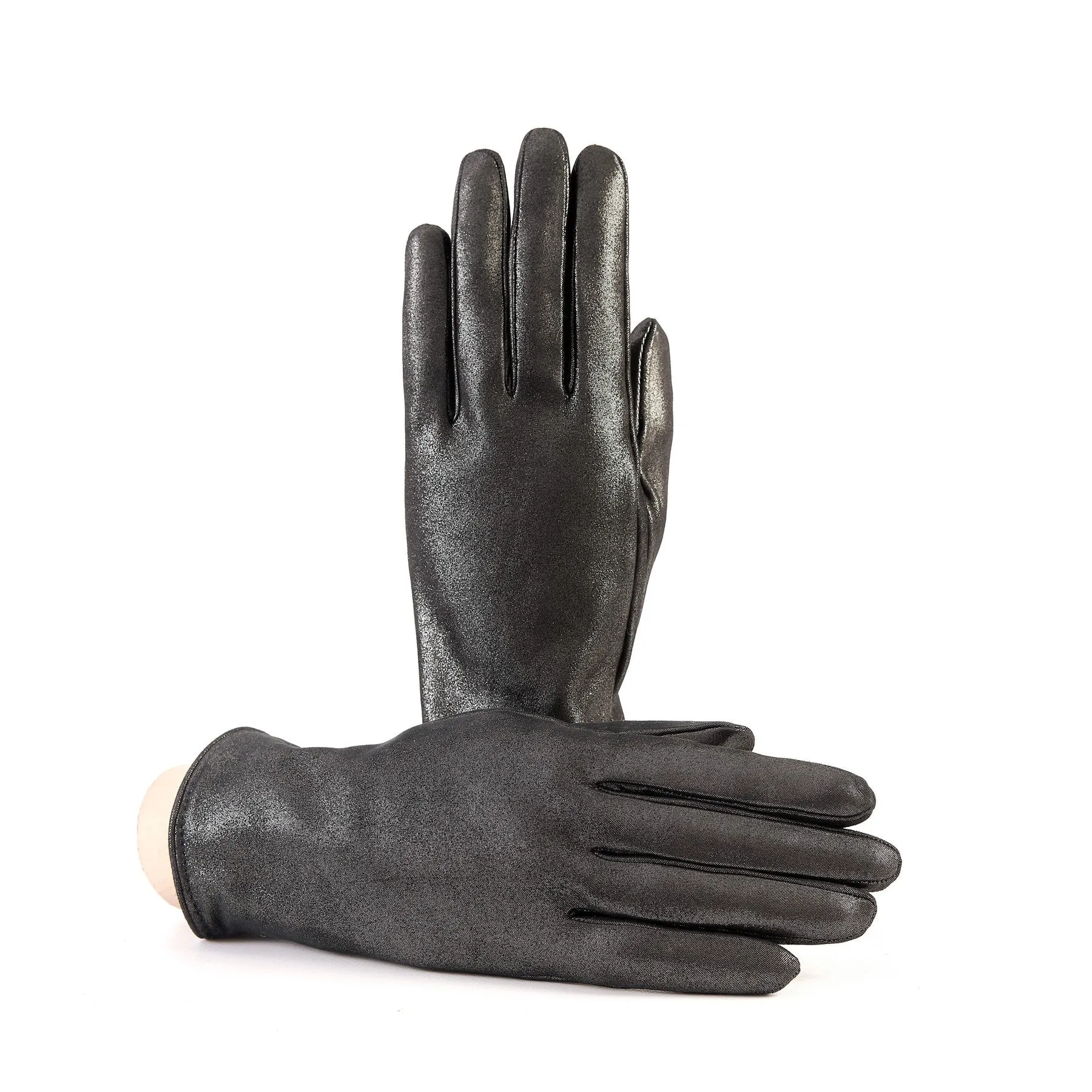 Women’s basic grey soft laminated suede leather gloves with palm opening and cashmere lining