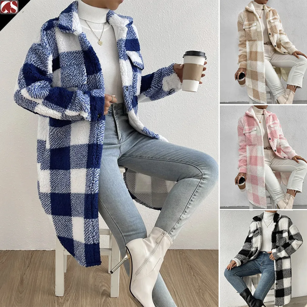 Women's Button Lapel Plush Plaid Loose Temperament Coats