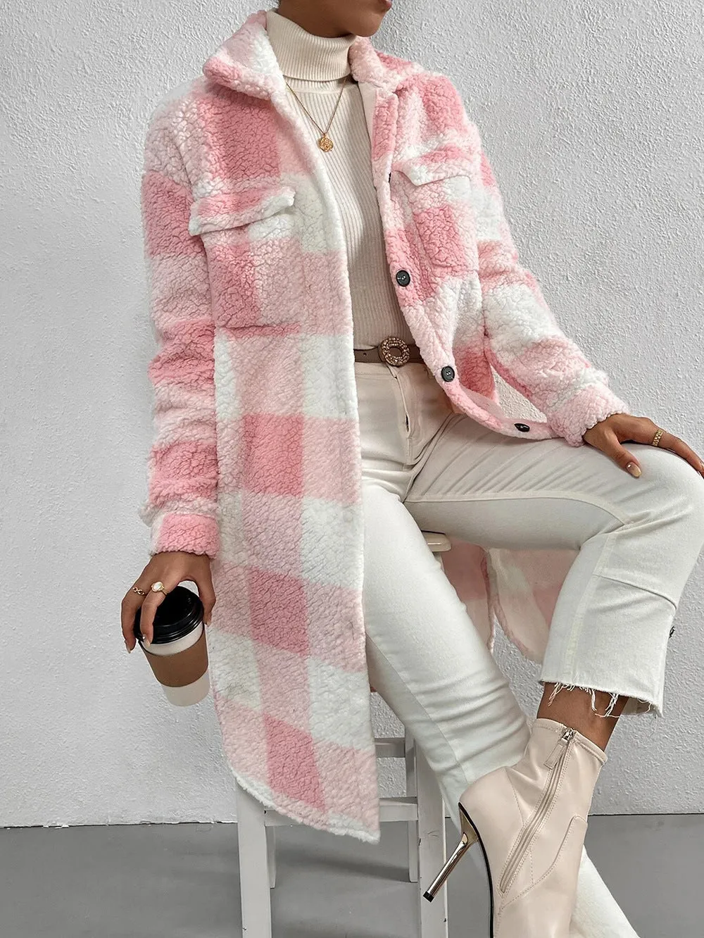 Women's Button Lapel Plush Plaid Loose Temperament Coats