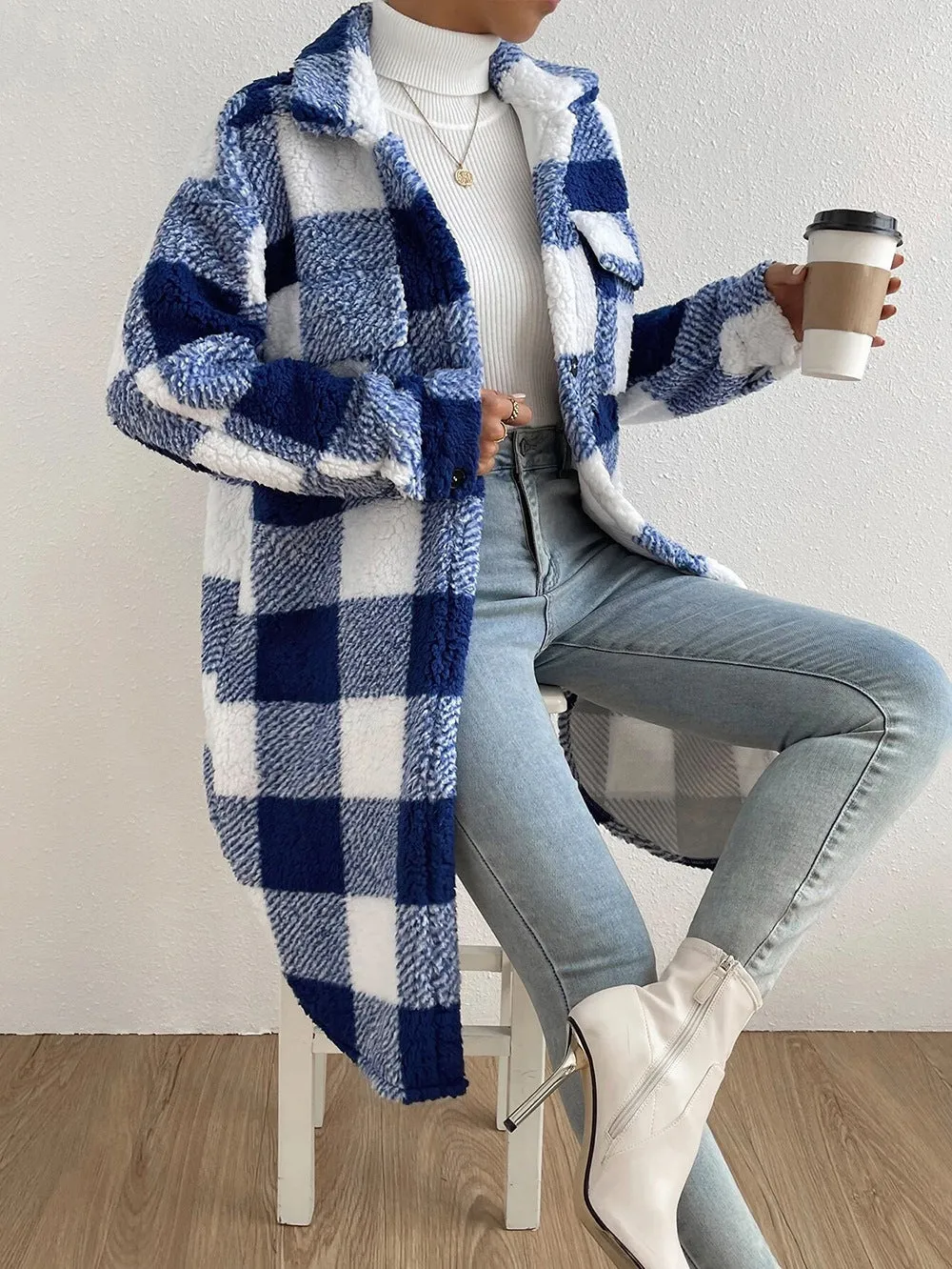 Women's Button Lapel Plush Plaid Loose Temperament Coats