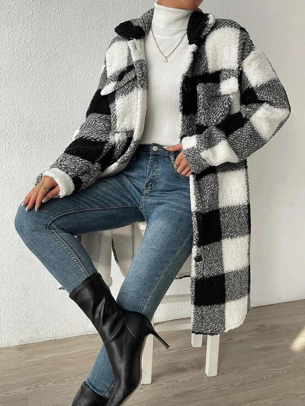 Women's Button Lapel Plush Plaid Loose Temperament Coats