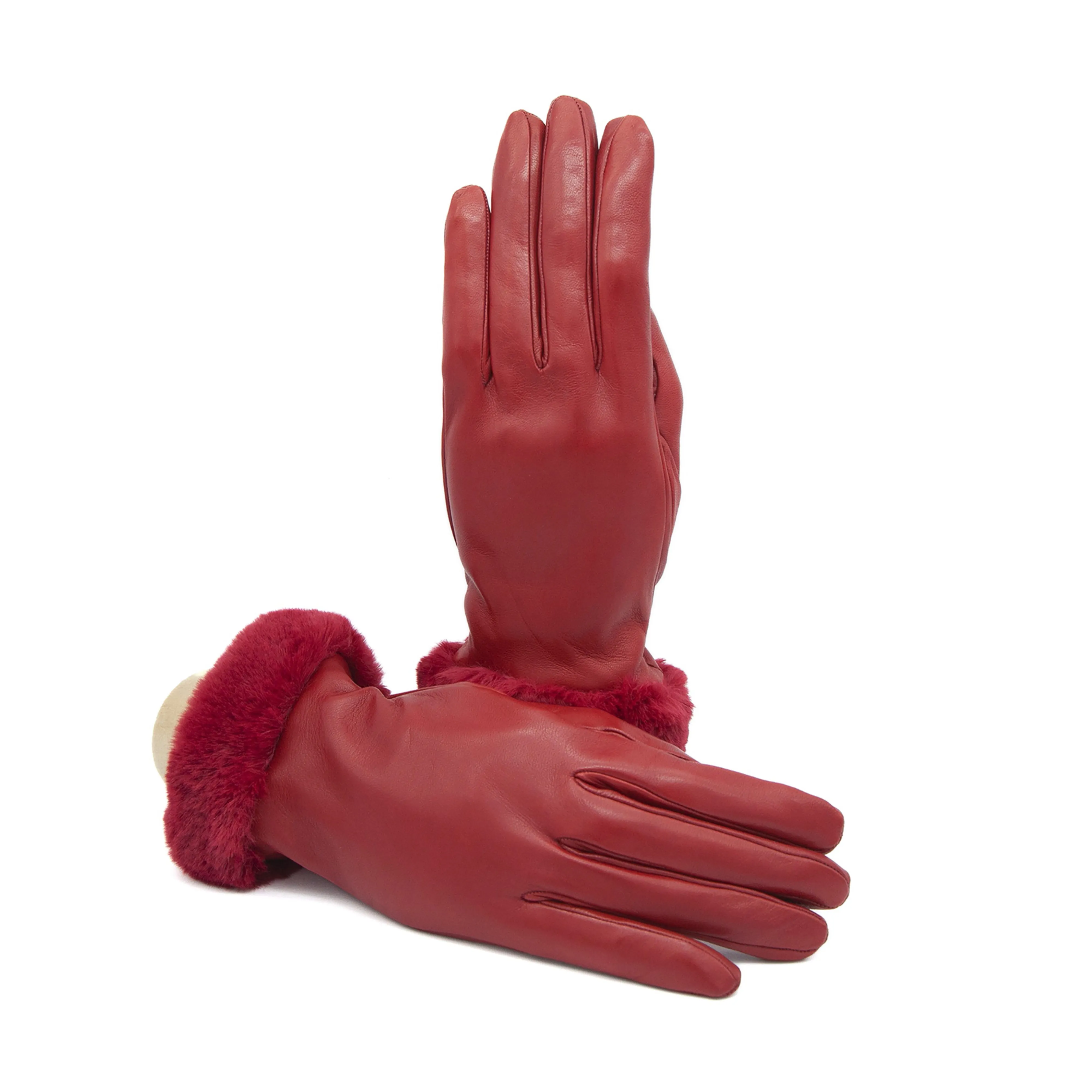 Women's red nappa leather gloves with faux fur