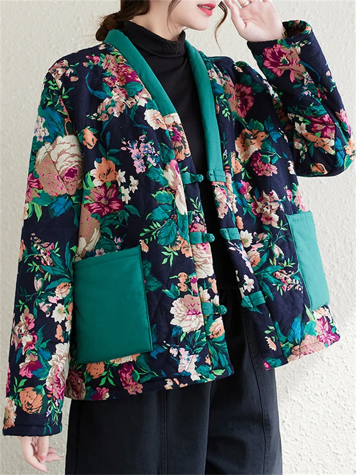 Women's Retro Flower Print V-Neck Button Up Warm Plush Coat