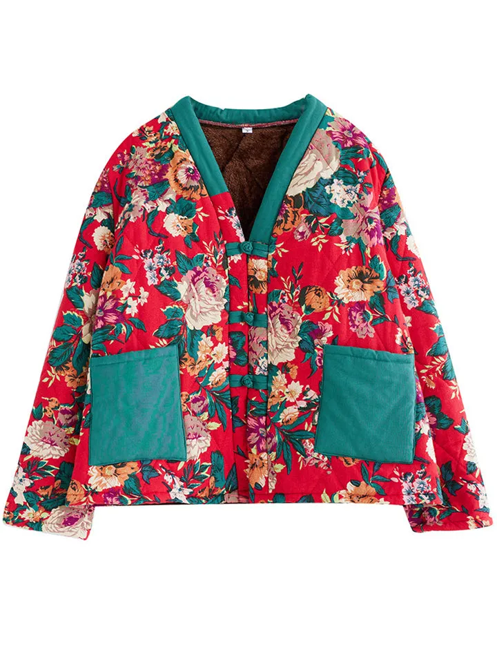 Women's Retro Flower Print V-Neck Button Up Warm Plush Coat