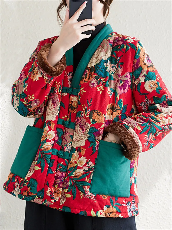 Women's Retro Flower Print V-Neck Button Up Warm Plush Coat