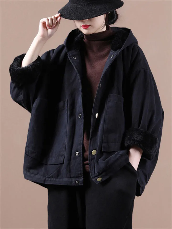 Women's Trendy Hooded Patch Pocket Plush Lining Coat