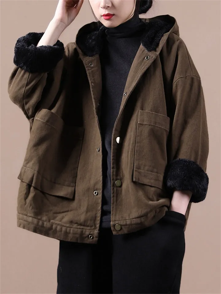 Women's Trendy Hooded Patch Pocket Plush Lining Coat